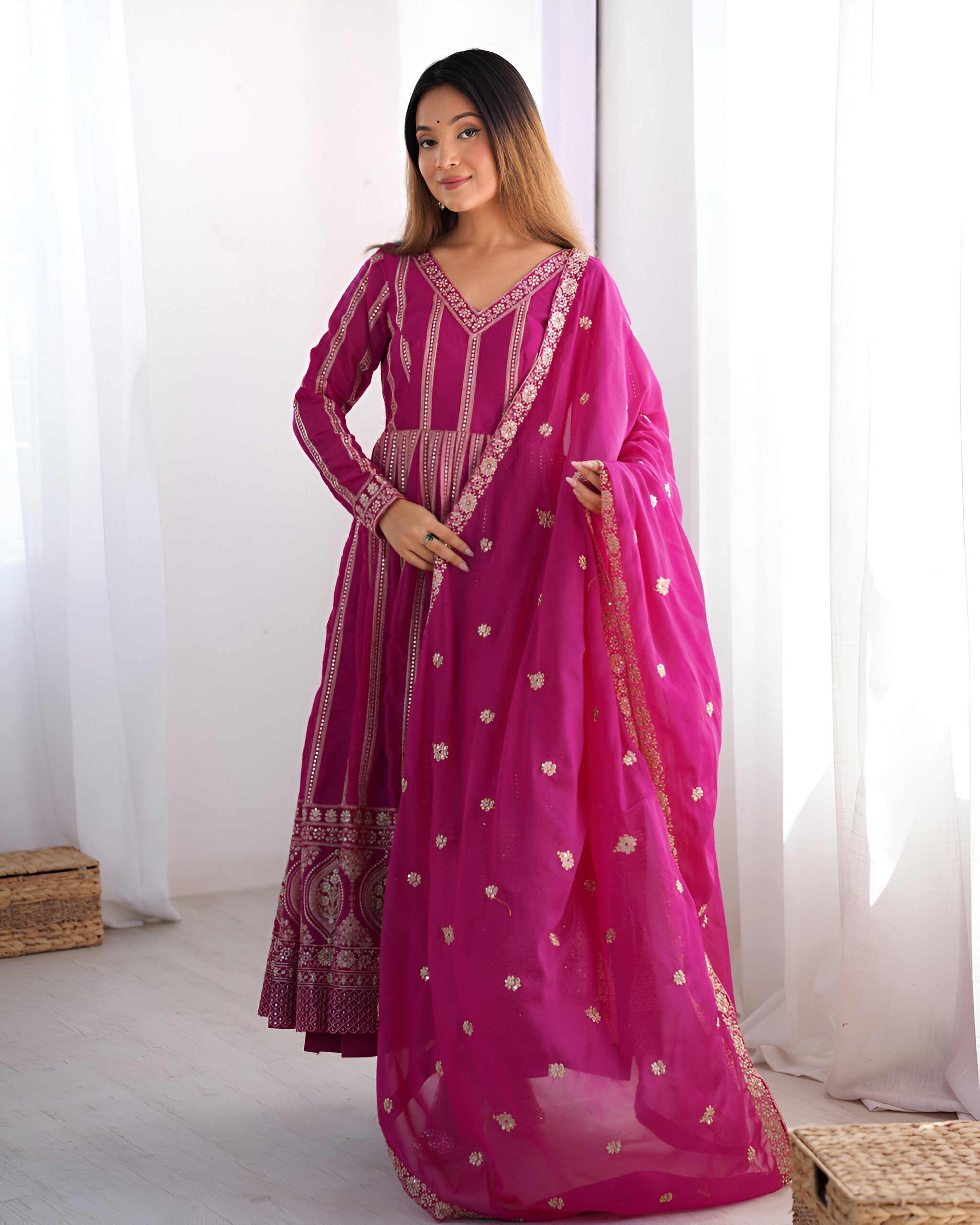 Lehenga Mart Wedding Wear Anarkali Gown With Dupatta Set - Pink - Distacart