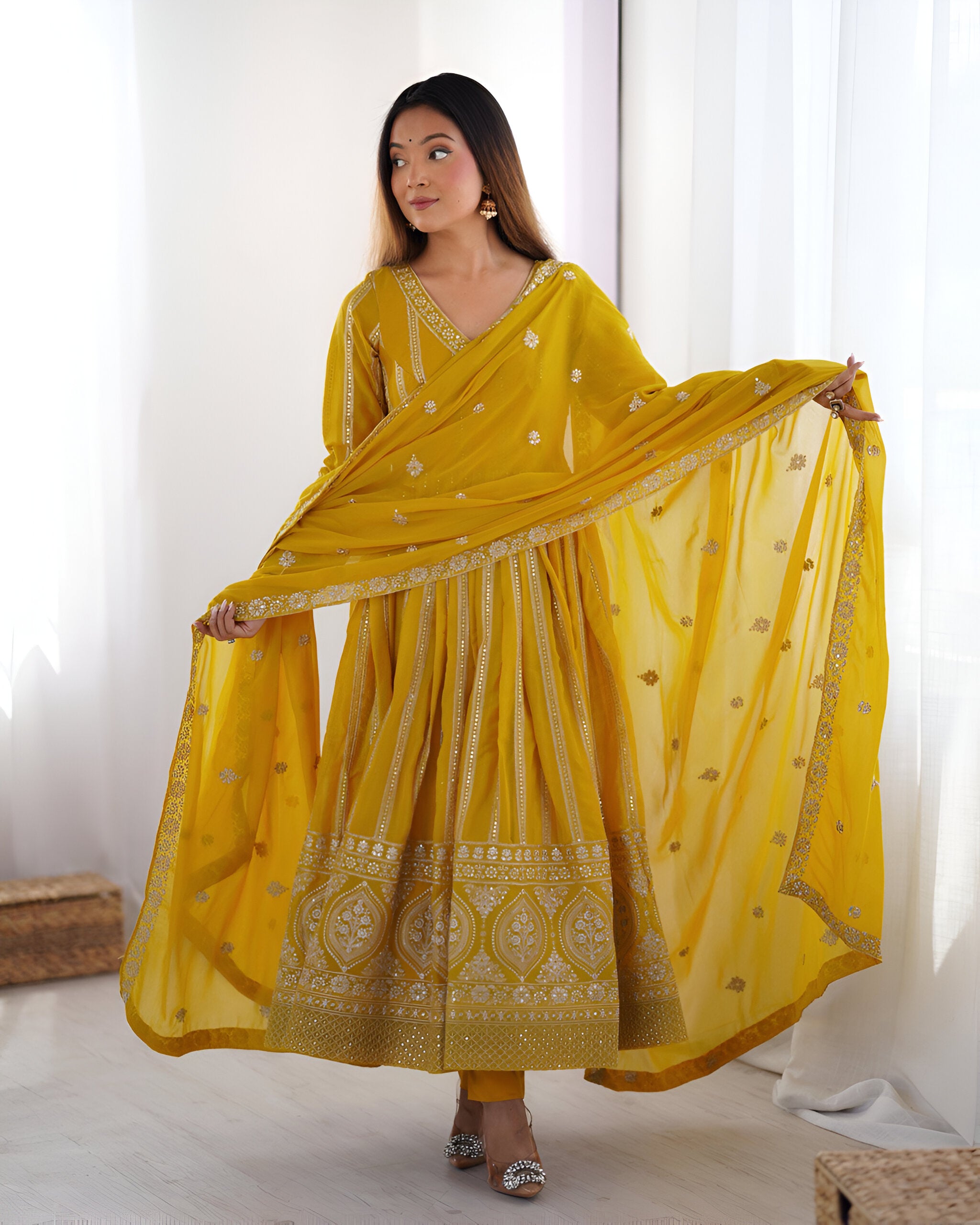 Lehenga Mart Wedding Wear Anarkali Gown With Dupatta Set - Yellow - Distacart