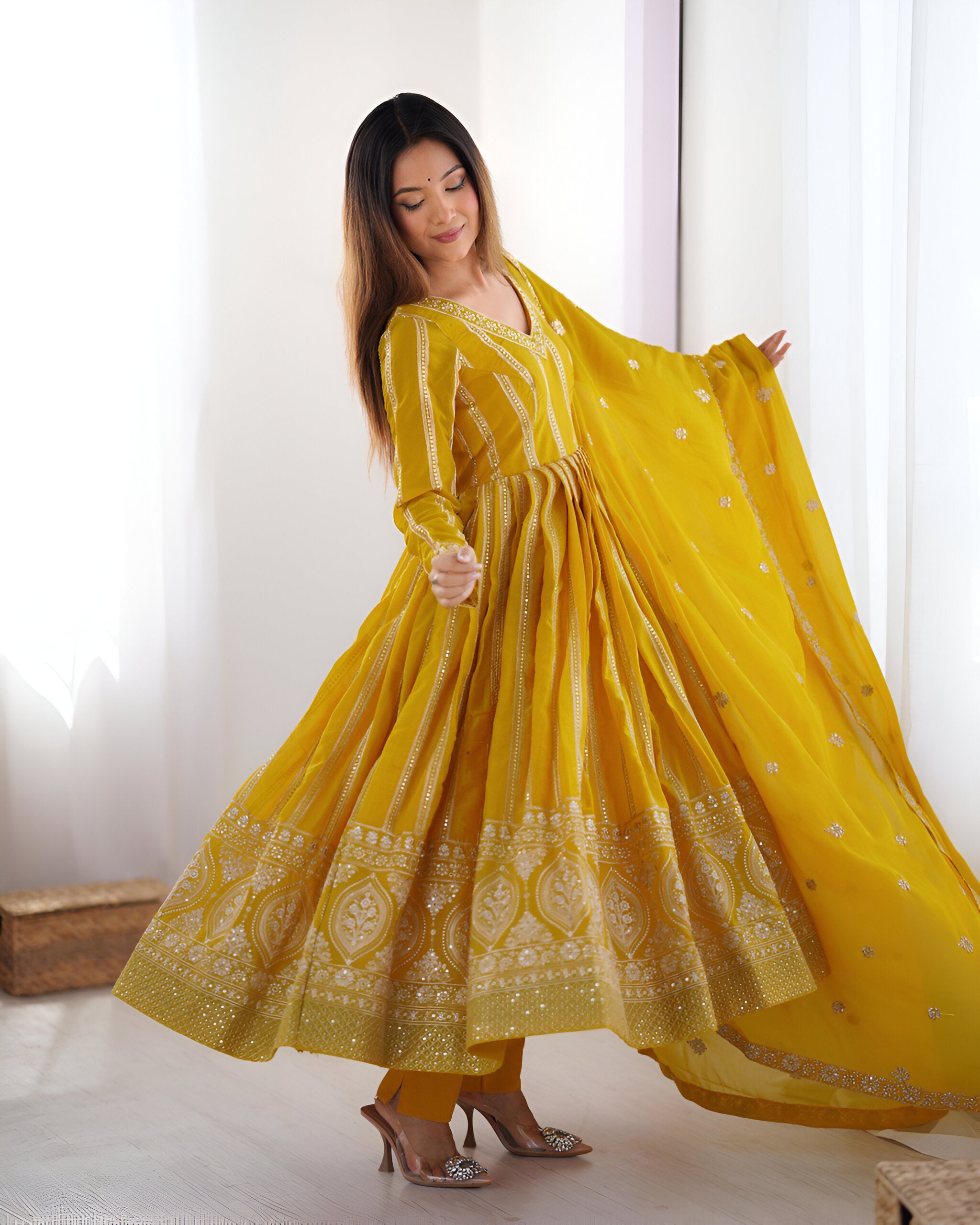 Lehenga Mart Wedding Wear Anarkali Gown With Dupatta Set - Yellow - Distacart