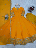 Thumbnail for Prazu Fashion Mustard Georgette Thread Sequence Anarkali Suit