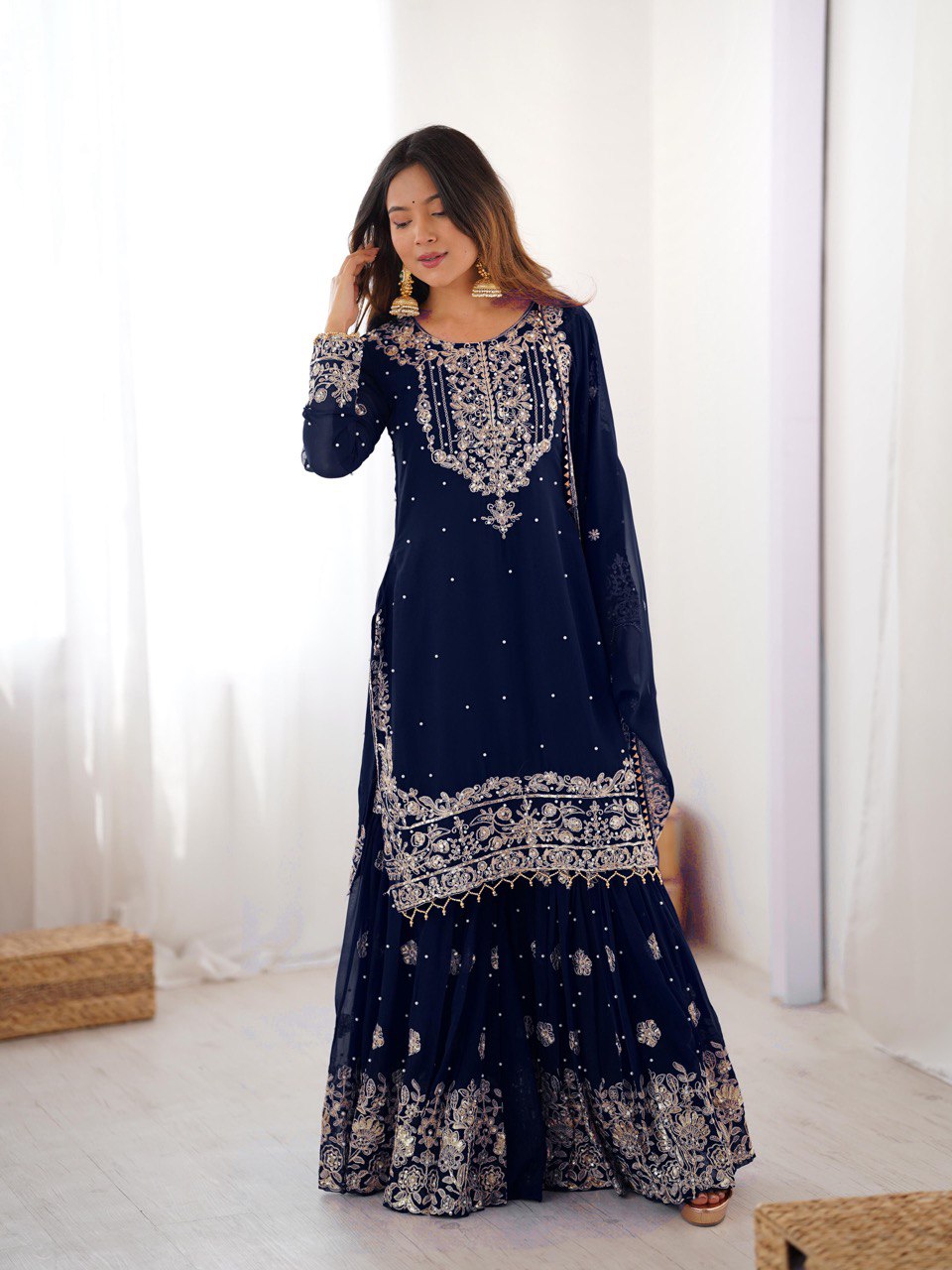 Prazu Fashion Navy Blue Faux Georgette Embroidered Thread Work Sharara Suit - Distacart