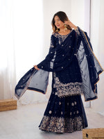 Thumbnail for Prazu Fashion Navy Blue Faux Georgette Embroidered Thread Work Sharara Suit - Distacart