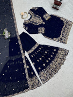 Thumbnail for Prazu Fashion Navy Blue Faux Georgette Embroidered Thread Work Sharara Suit - Distacart