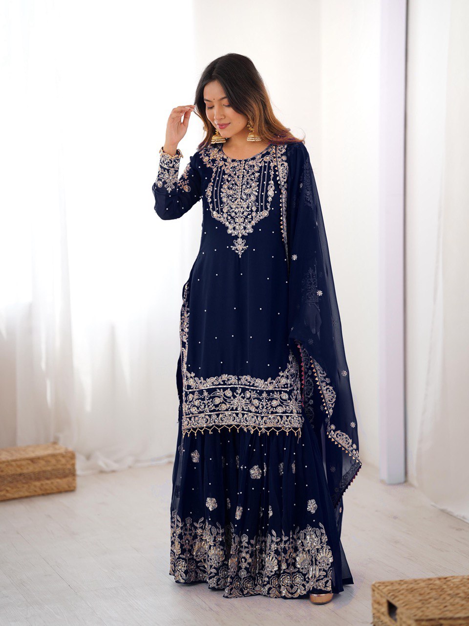 Prazu Fashion Navy Blue Faux Georgette Embroidered Thread Work Sharara Suit