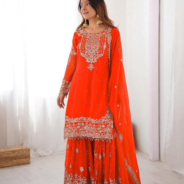 Prazu Fashion Orange Faux Georgette Embroidered Thread Work Sharara Suit - Distacart