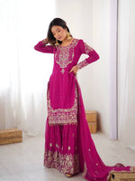 Thumbnail for Prazu Fashion Pink Faux Georgette Embroidered Thread Work Sharara Suit - Distacart