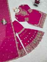 Thumbnail for Prazu Fashion Pink Faux Georgette Embroidered Thread Work Sharara Suit - Distacart