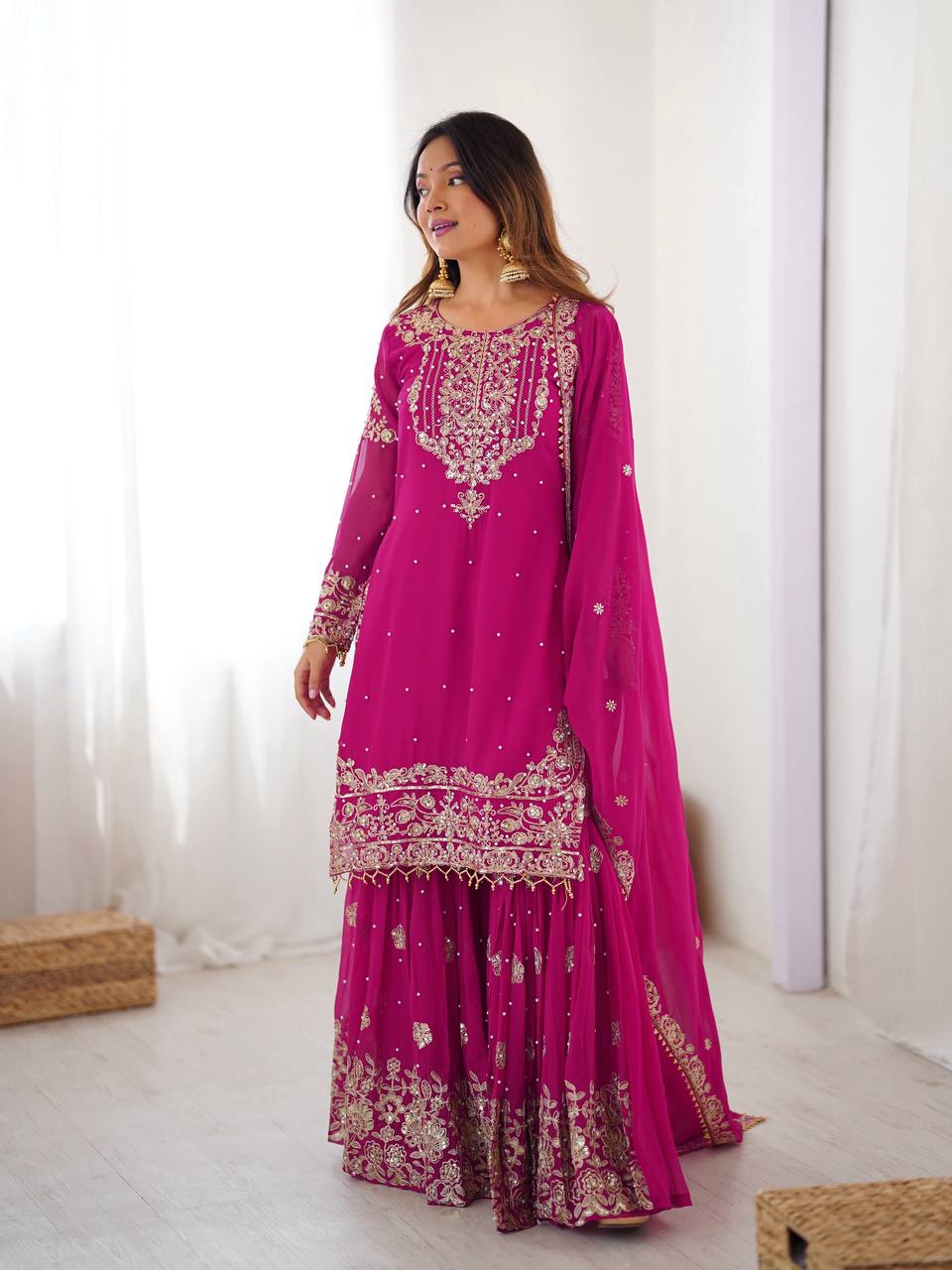 Prazu Fashion Pink Faux Georgette Embroidered Thread Work Sharara Suit