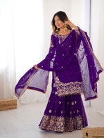 Thumbnail for Prazu Fashion Violet Faux Georgette Embroidered Thread Work Sharara Suit - Distacart