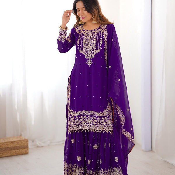 Prazu Fashion Violet Faux Georgette Embroidered Thread Work Sharara Suit - Distacart