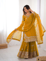 Thumbnail for Prazu Fashion Yellow Faux Georgette Embroidered Thread Work Sharara Suit - Distacart