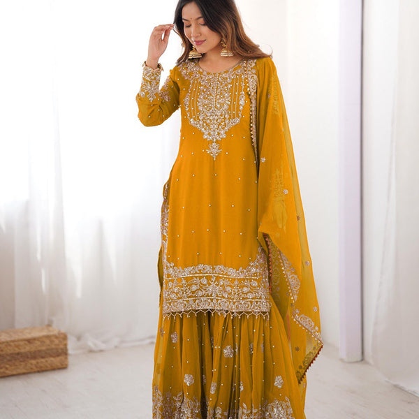 Prazu Fashion Yellow Faux Georgette Embroidered Thread Work Sharara Suit - Distacart