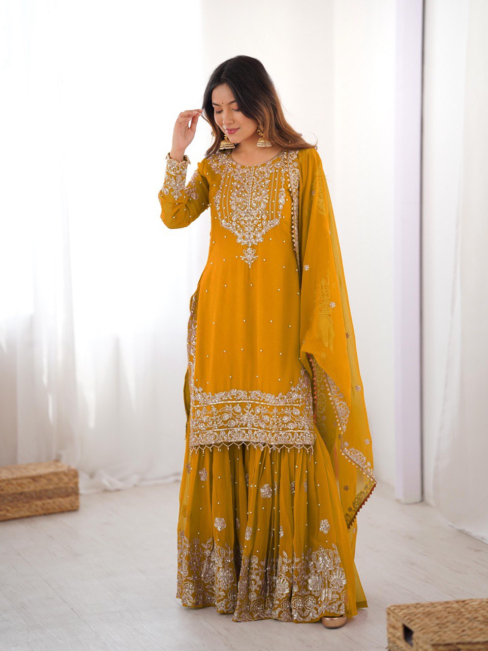 Prazu Fashion Yellow Faux Georgette Embroidered Thread Work Sharara Suit