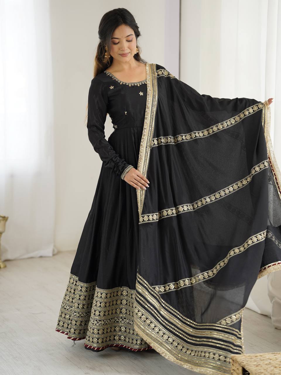 Prazu Fashion Black Chinon Silk Thread With Sequence Work Anarkali Suit - Distacart