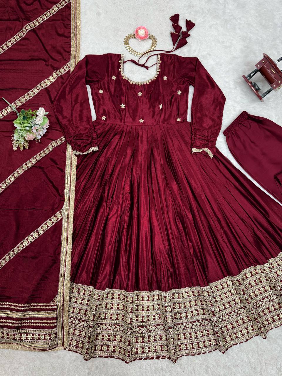 Prazu Fashion Maroon Chinon Silk Thread With Sequence Work Anarkali Suit