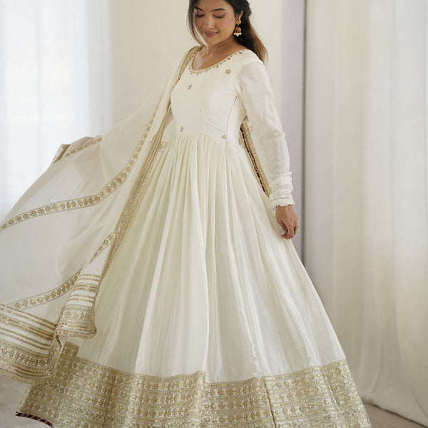 Prazu Fashion White Chinon Silk Thread With Sequence Work Anarkali Suit