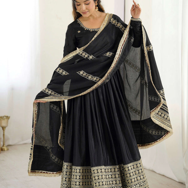 Lehenga Mart Black Chinon Silk Designer Chinon Silk Gown