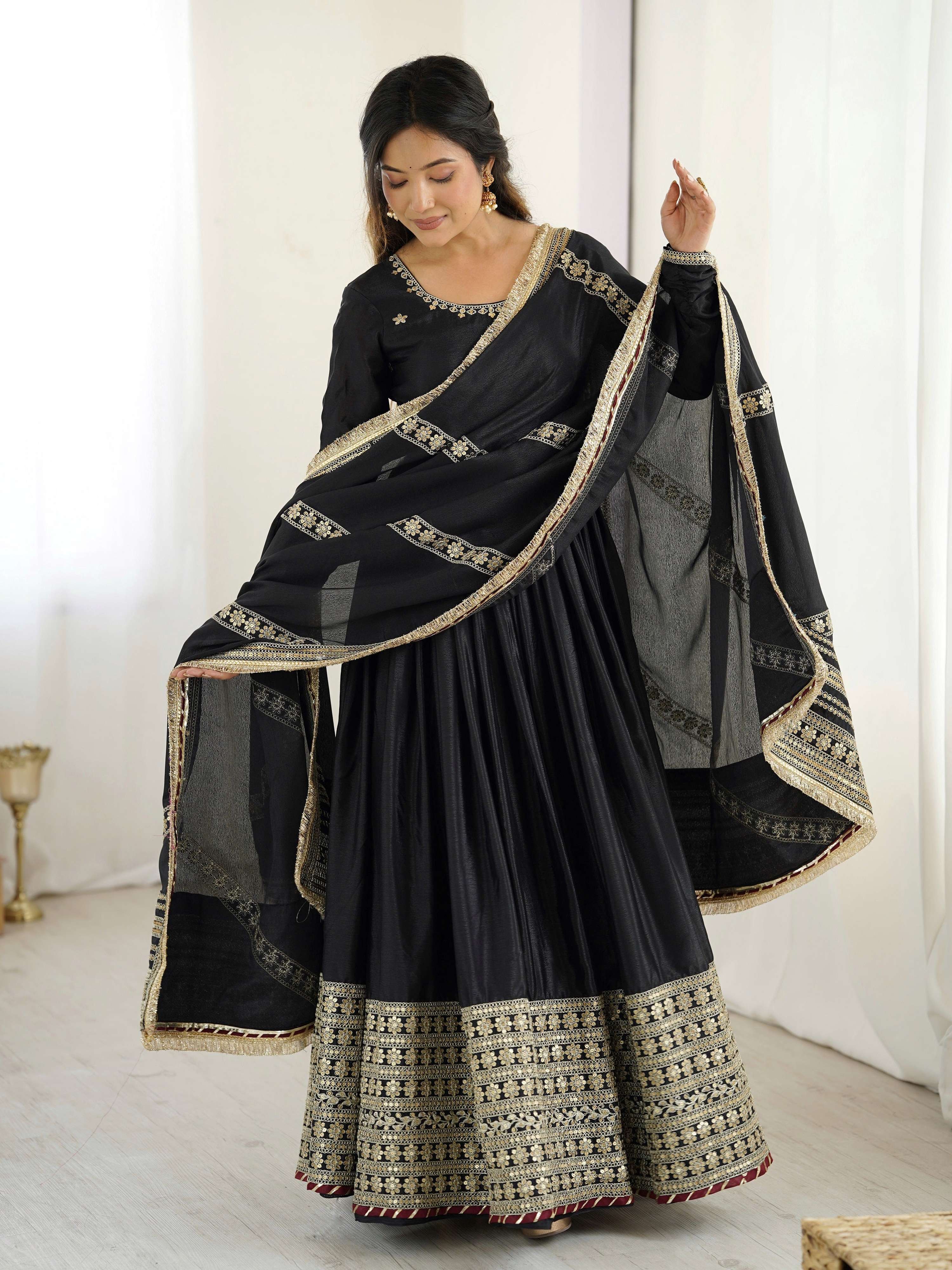 Lehenga Mart Black Chinon Silk Designer Chinon Silk Gown - Distacart