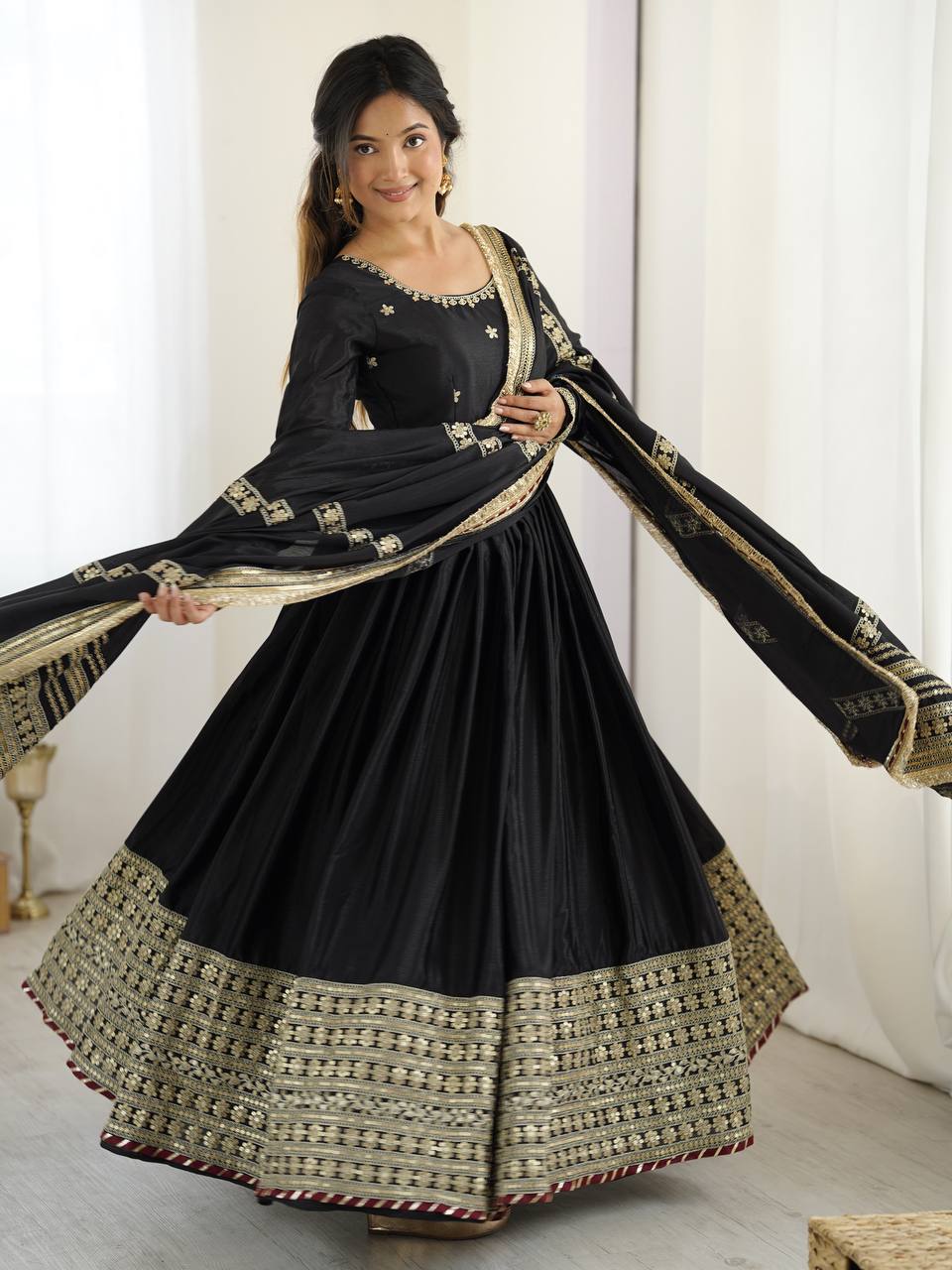Lehenga Mart Black Chinon Silk Designer Chinon Silk Gown