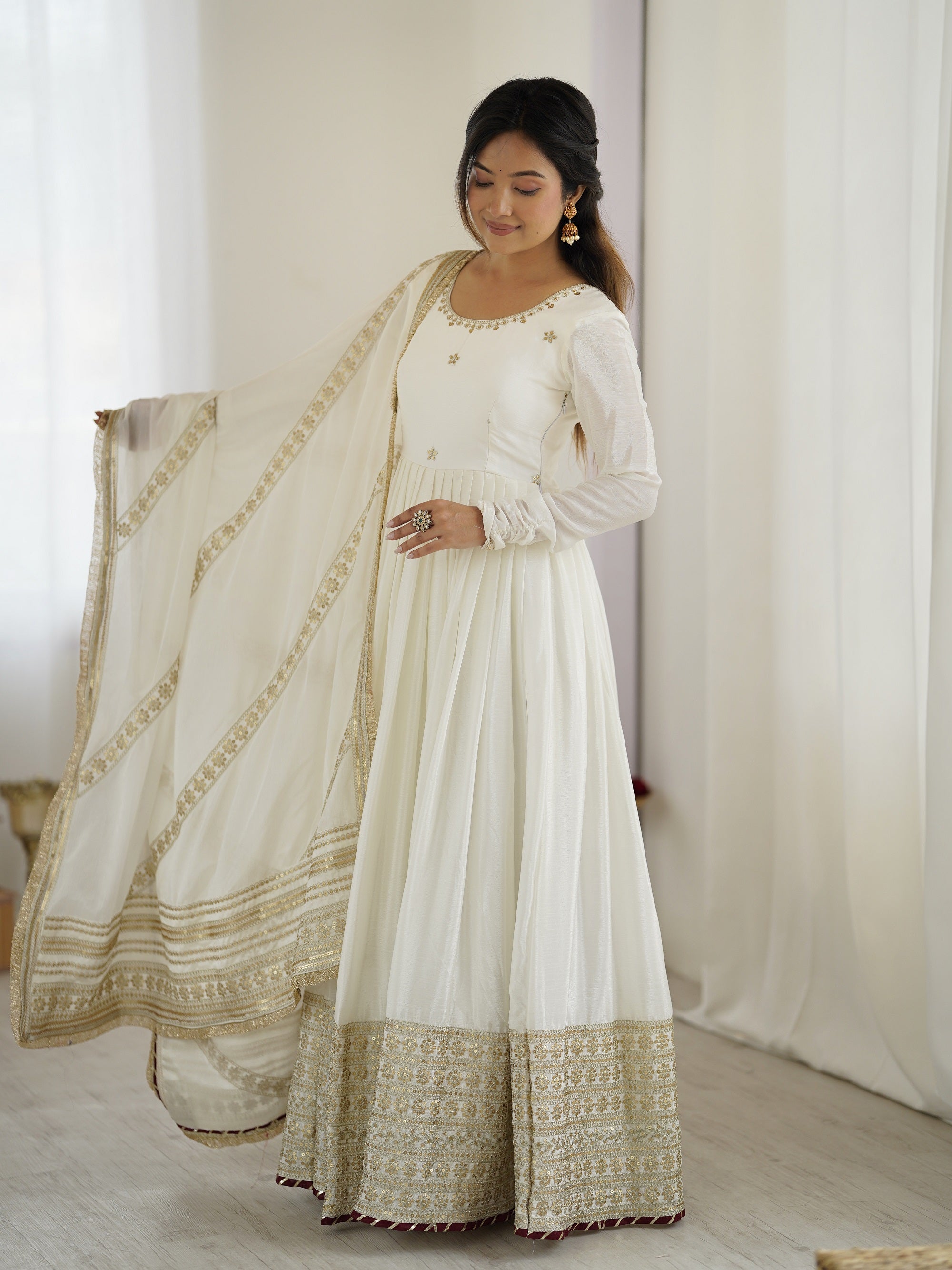 Lehenga Mart White Chinon Silk Designer Chinon Silk Gown - Distacart