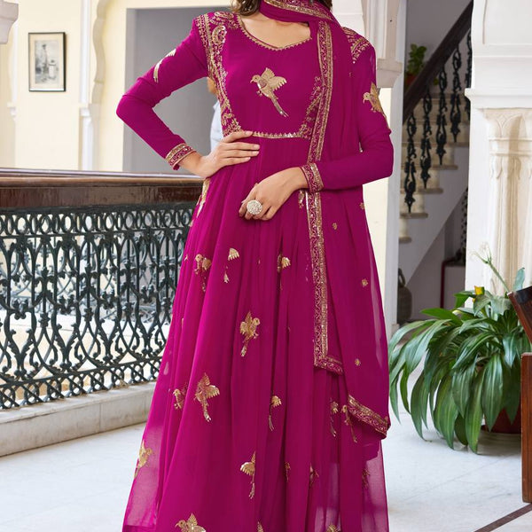 Lehenga Mart Designer Anarkali Suit With Kurta Palazzo Dupatta For Women-Deep Pink - Dista