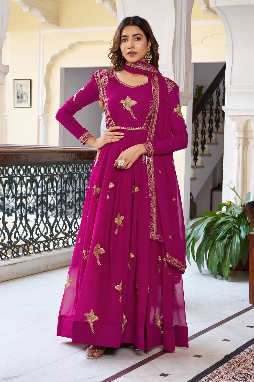 Lehenga Mart Designer Anarkali Suit With Kurta Palazzo Dupatta For Women-Deep Pink - Dista