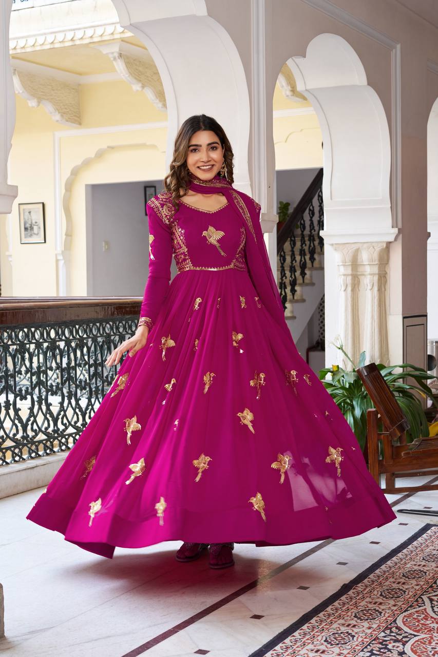 Lehenga Mart Designer Anarkali Suit With Kurta Palazzo Dupatta For Women-Deep Pink - Dista