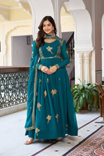 Thumbnail for Lehenga Mart Faux Georgette Gown With Dupatta-Teal Blue - Distacart