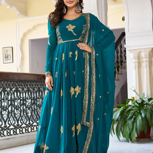 Lehenga Mart Faux Georgette Gown With Dupatta-Teal Blue - Distacart