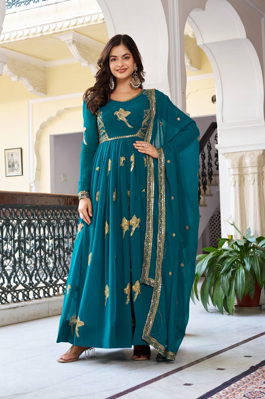Lehenga Mart Faux Georgette Gown With Dupatta-Teal Blue