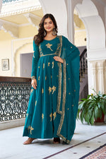 Thumbnail for Lehenga Mart Faux Georgette Gown With Dupatta-Teal Blue - Distacart