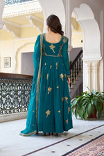 Thumbnail for Lehenga Mart Faux Georgette Gown With Dupatta-Teal Blue - Distacart