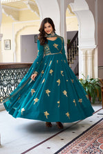 Thumbnail for Lehenga Mart Faux Georgette Gown With Dupatta-Teal Blue - Distacart