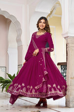 Thumbnail for Lehenga Mart Designer Anarkali Suit With Kurta Palazzo Dupatta For Women-Wine - Dista