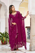 Thumbnail for Lehenga Mart Designer Anarkali Suit With Kurta Palazzo Dupatta For Women-Wine - Dista