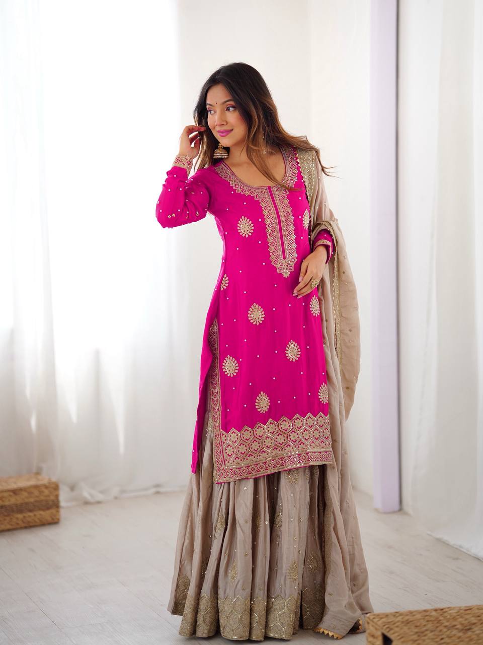 Lehenga Mart Designer Ready To Wear Sharara Suit Dupatta For Women-Pink - Distacart