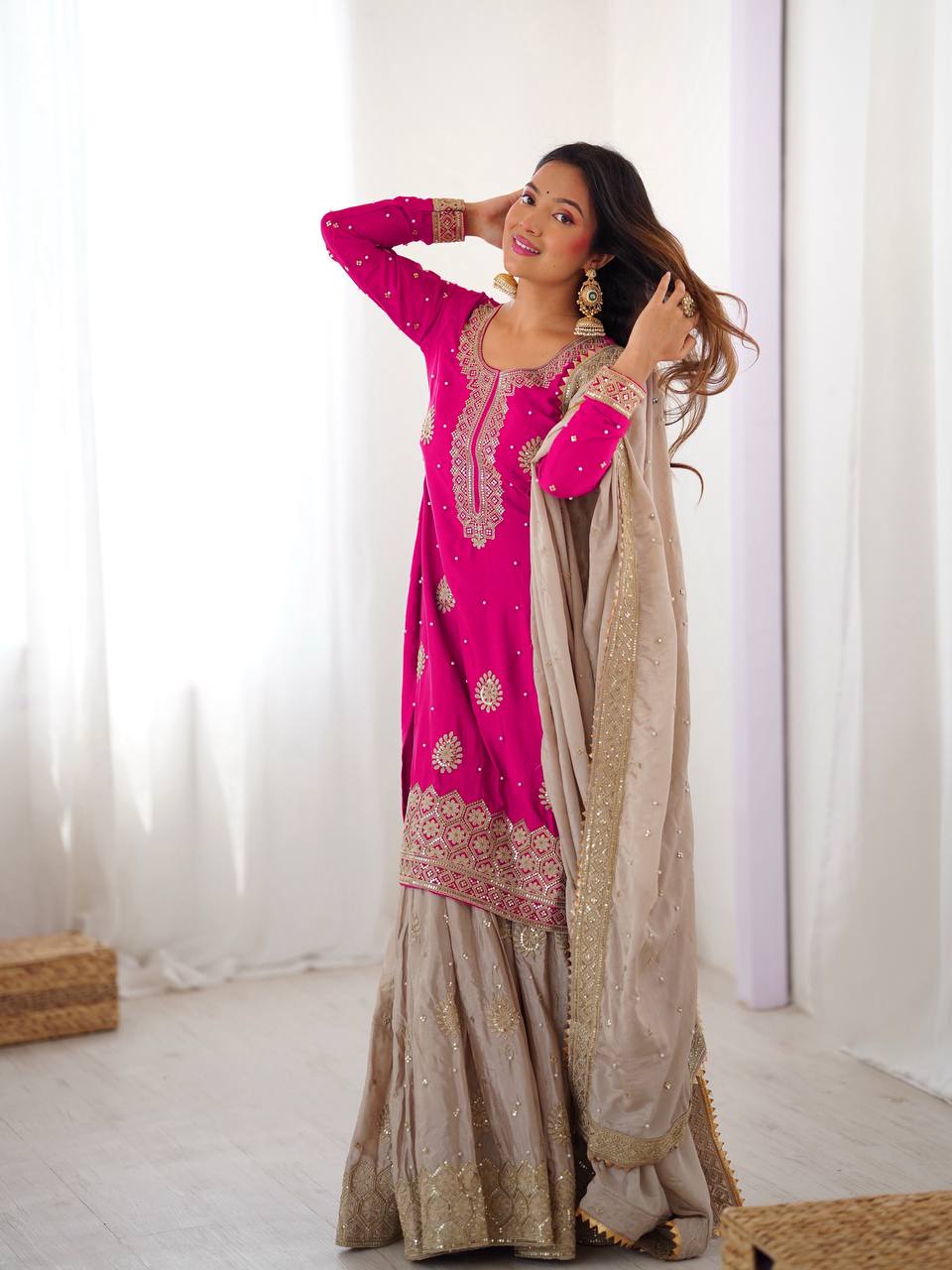 Lehenga Mart Designer Ready To Wear Sharara Suit Dupatta For Women-Pink - Distacart
