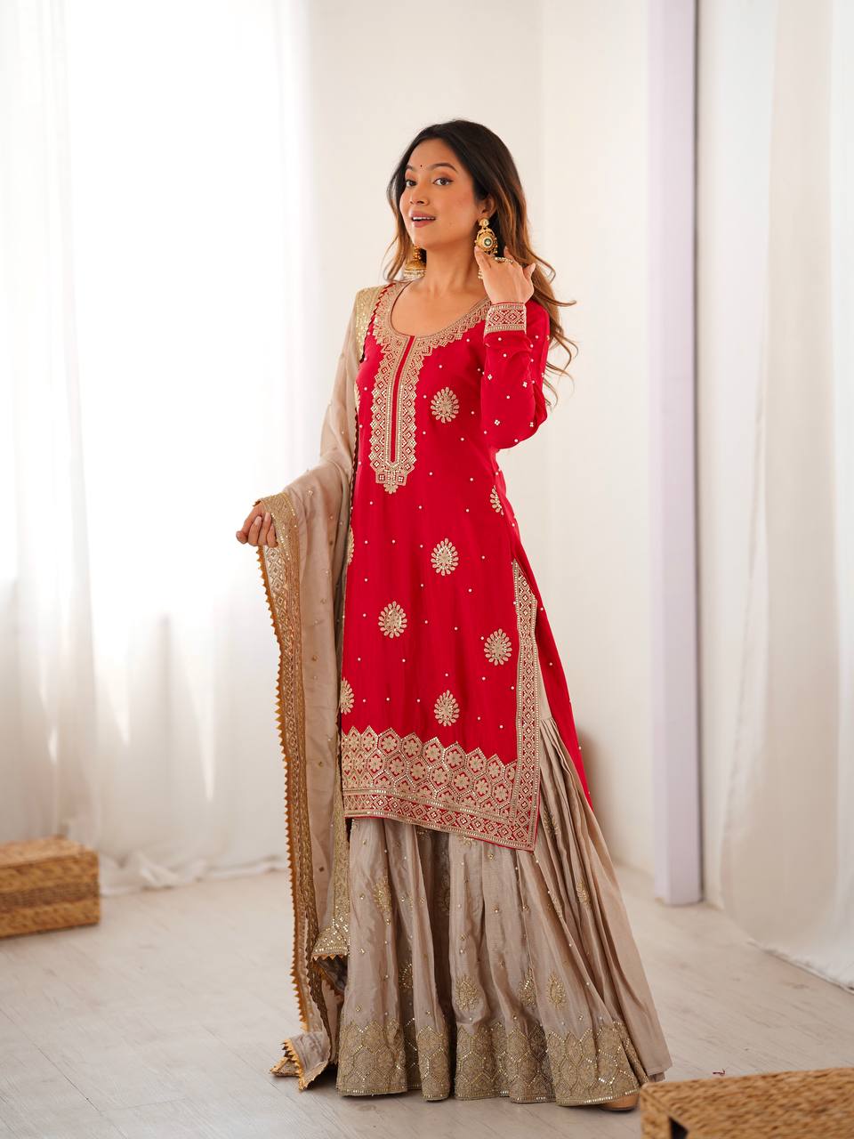 Lehenga Mart Designer Ready To Wear Sharara Suit Dupatta For Women-Red - Distacart