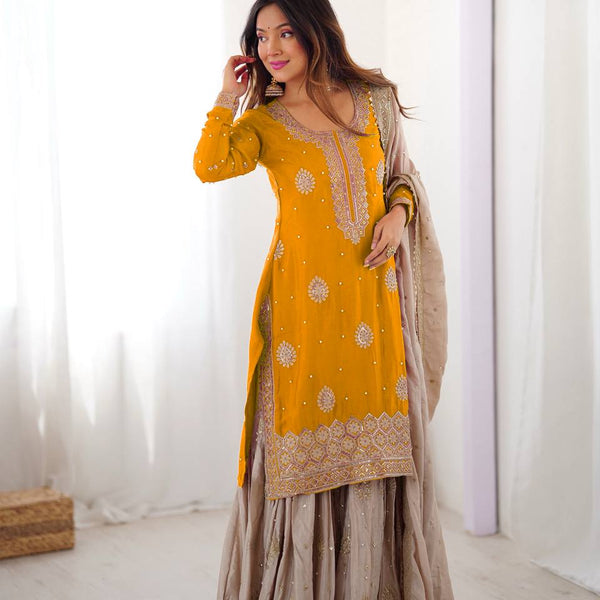 Lehenga Mart Designer Ready To Wear Sharara Suit Dupatta For Women-Yellow - Distacart