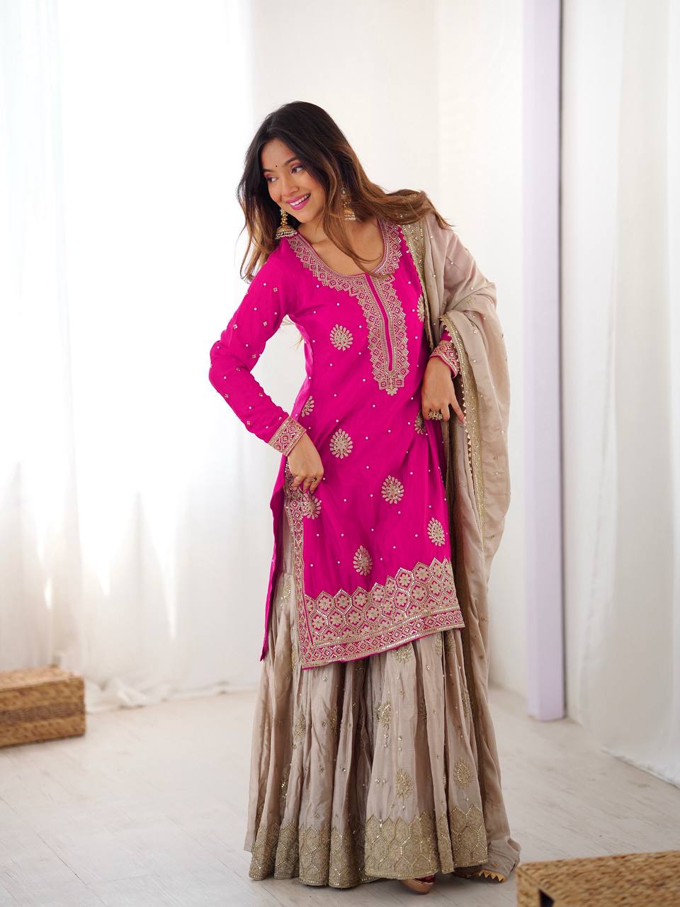 Prazu Fashion Pink Chinon Silk Sequence With Pearl Work Sharara Suit - Distacart