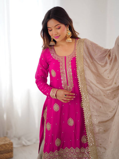 Prazu Fashion Pink Chinon Silk Sequence With Pearl Work Sharara Suit - Distacart