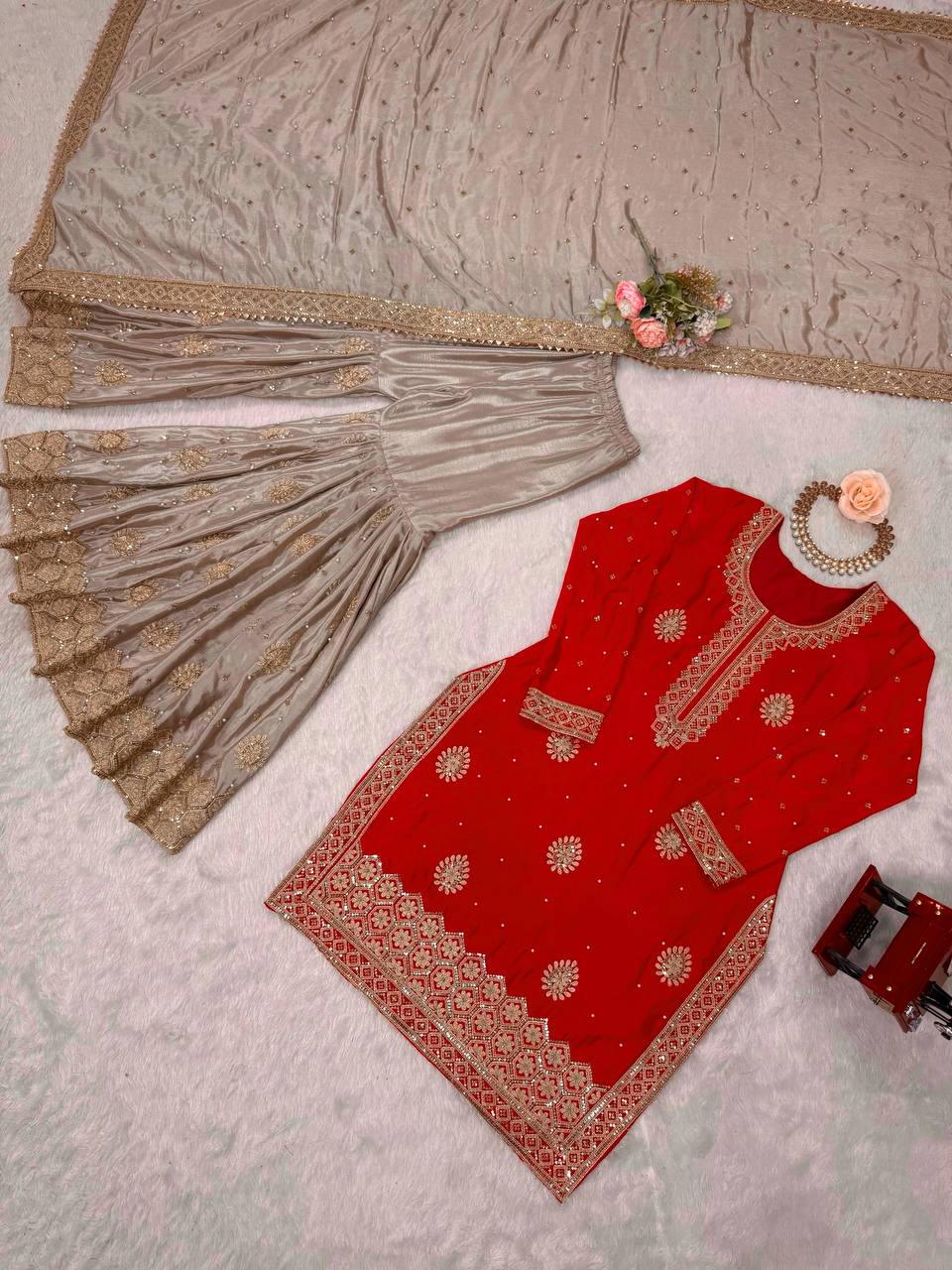 Prazu Fashion Red Chinon Silk Sequence With Pearl Work Sharara Suit - Distacart