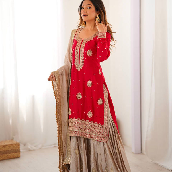 Prazu Fashion Red Chinon Silk Sequence With Pearl Work Sharara Suit - Distacart