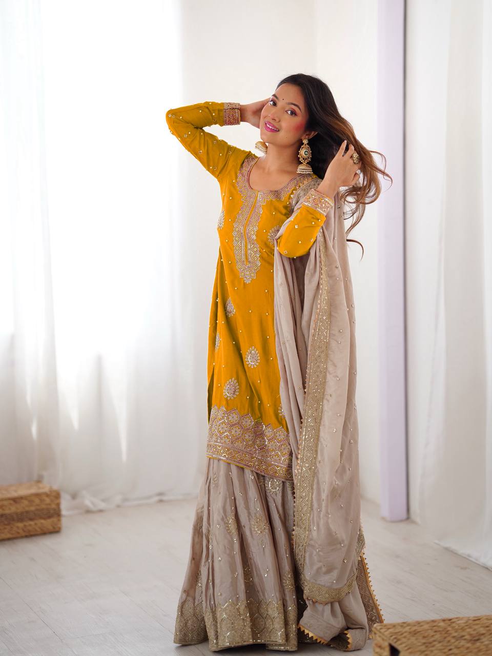 Prazu Fashion Yellow Chinon Silk Sequence With Pearl Work Sharara Suit