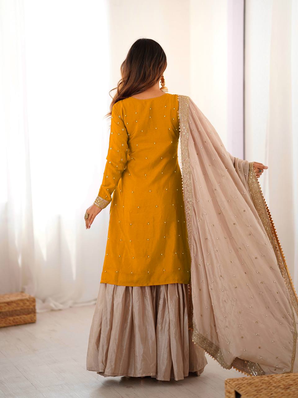 Prazu Fashion Yellow Chinon Silk Sequence With Pearl Work Sharara Suit