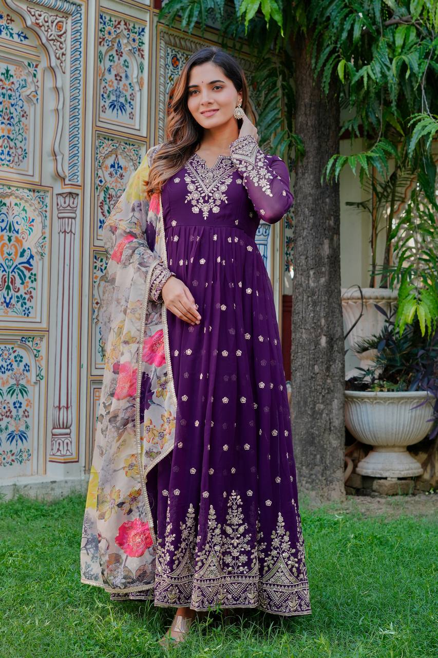 Lehenga Mart Faux Georgette Gown With Dupatta-Blue - Distacart