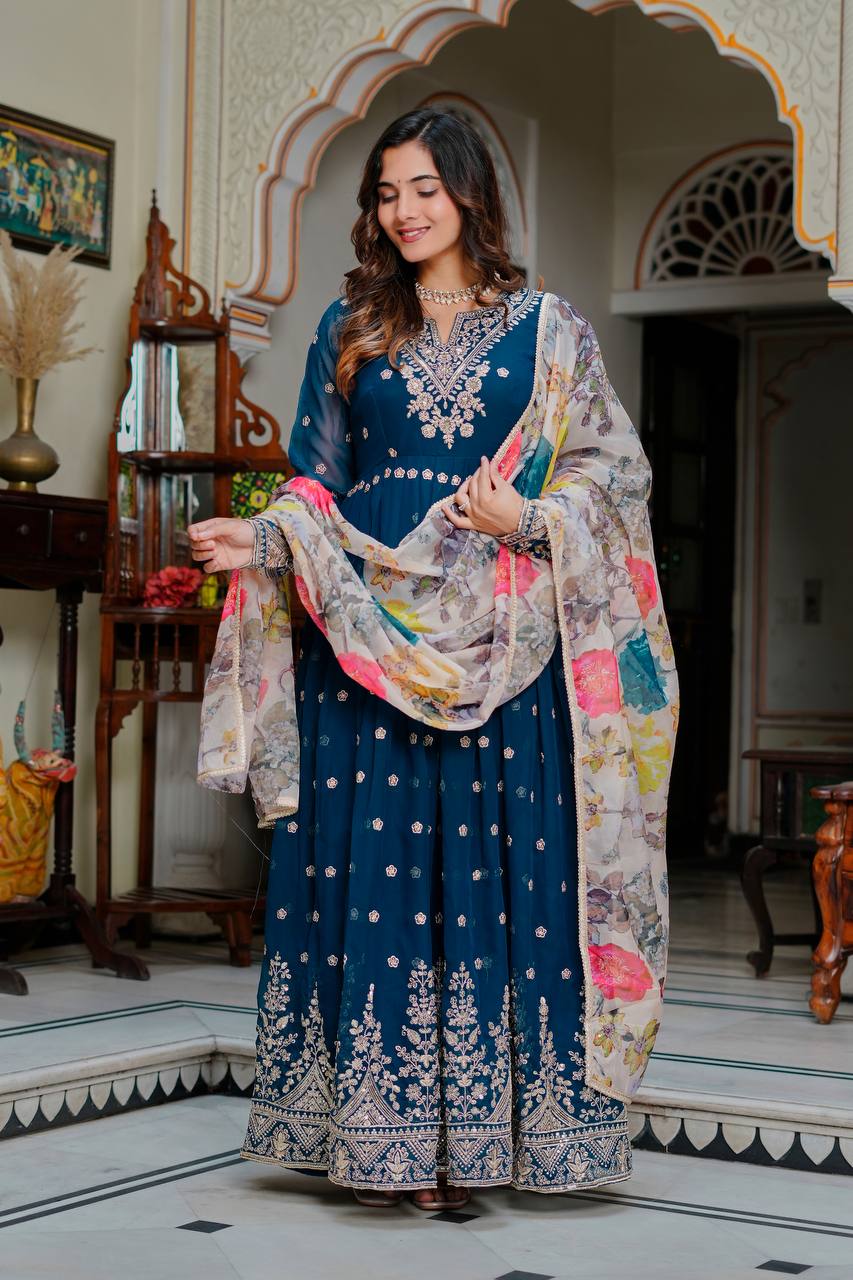 Lehenga Mart Designer Anarkali Suit With Kurta Palazzo Dupatta For Women-Teal - Dista