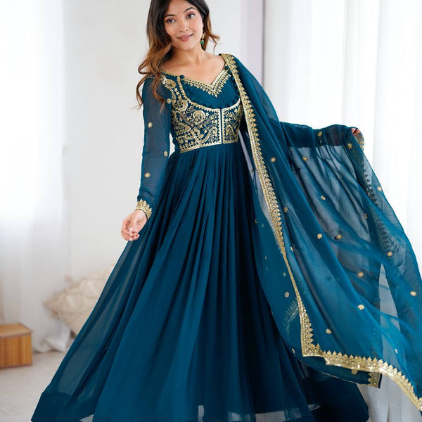 Prazu Fashion Royal Blue Faux Georgette Embroidered Sequin Anarkali Suit - Distacart