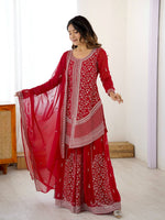 Thumbnail for Prazu Fashion Red Faux Georgette Embroidered Thread Work Plazzo Suit - Distacart