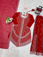 Thumbnail for Prazu Fashion Red Faux Georgette Embroidered Thread Work Plazzo Suit - Distacart